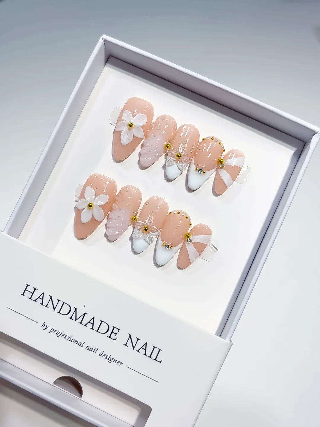 Medium Nude White Almond French tip Flower Shell