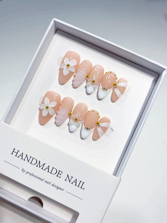 Medium Nude White Almond French tip Flower Shell