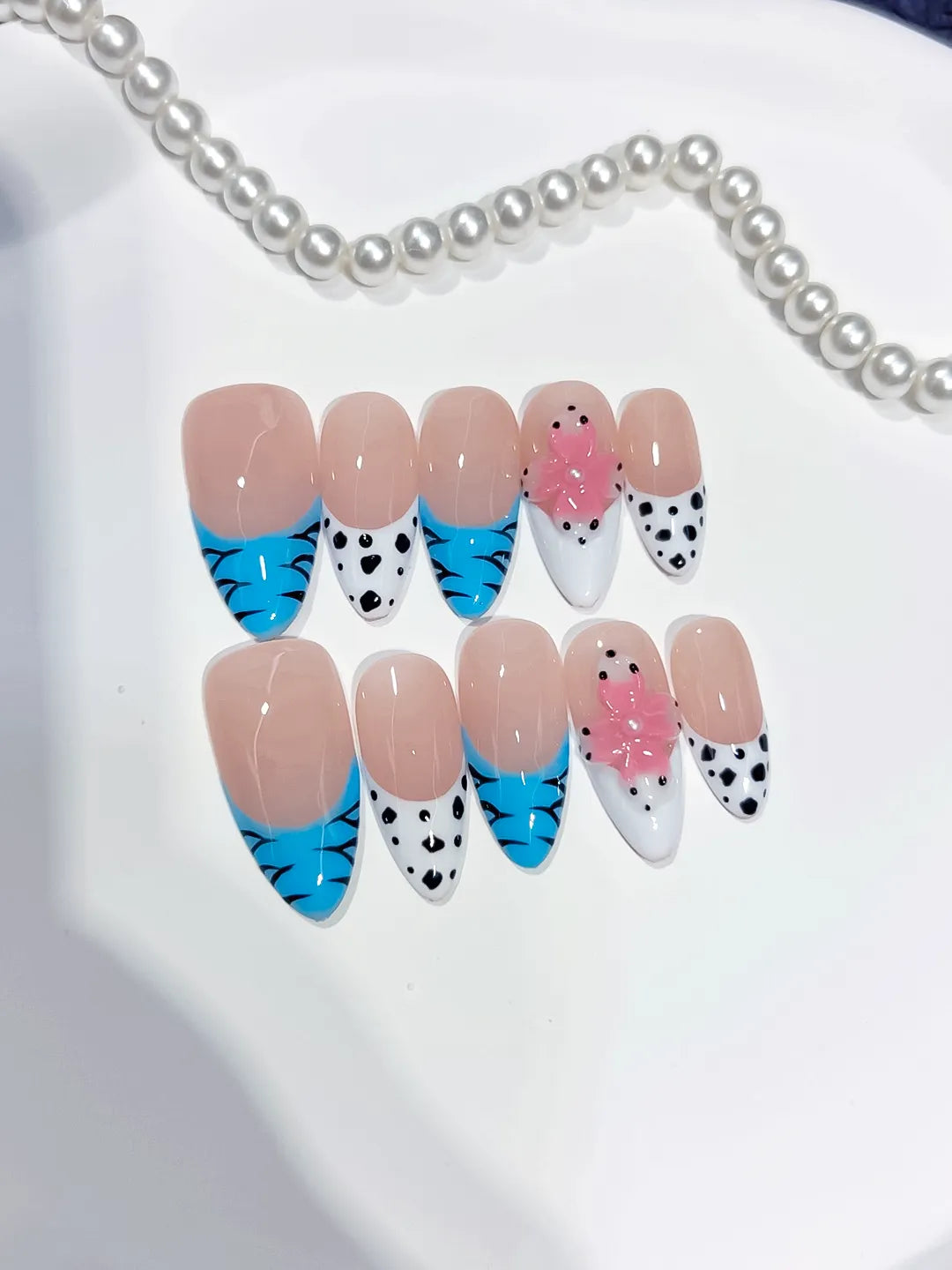 Medium Nude Blue Almond French tip Flower Dot Pattern