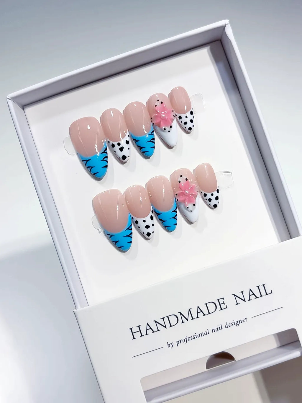 Medium Nude Blue Almond French tip Flower Dot Pattern