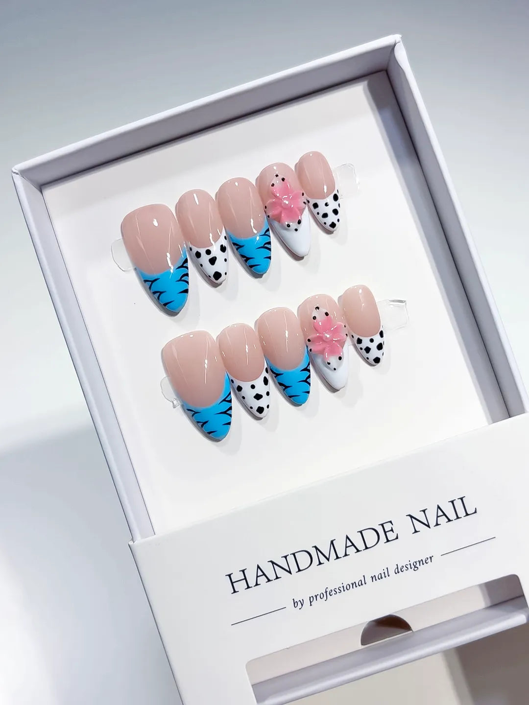Medium Nude Blue Almond French tip Flower Dot Pattern