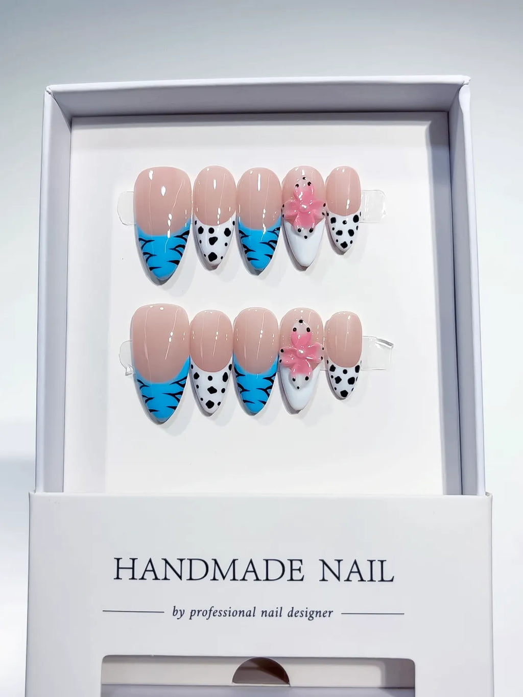 Medium Nude Blue Almond French tip Flower Dot Pattern