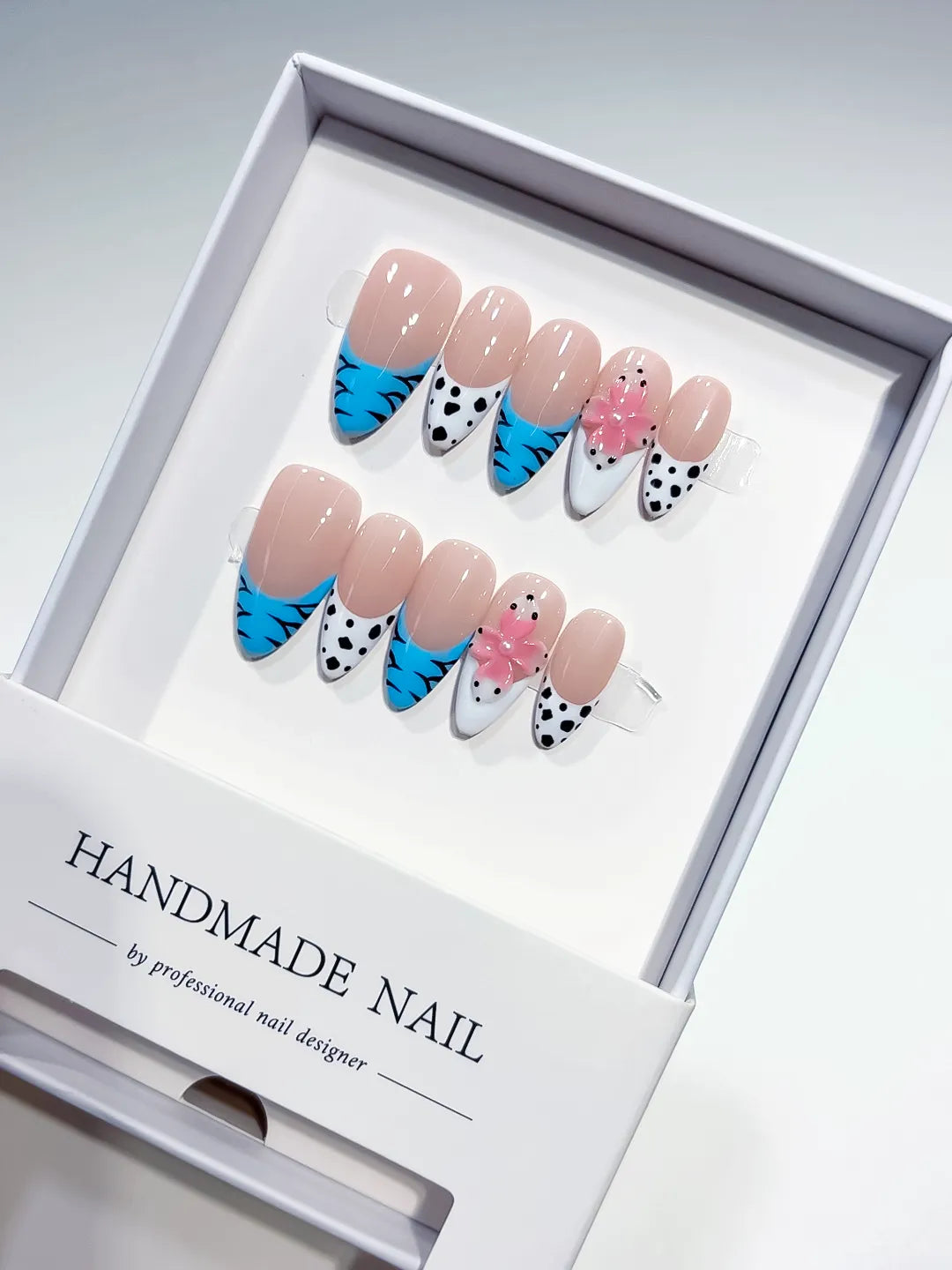 Medium Nude Blue Almond French tip Flower Dot Pattern