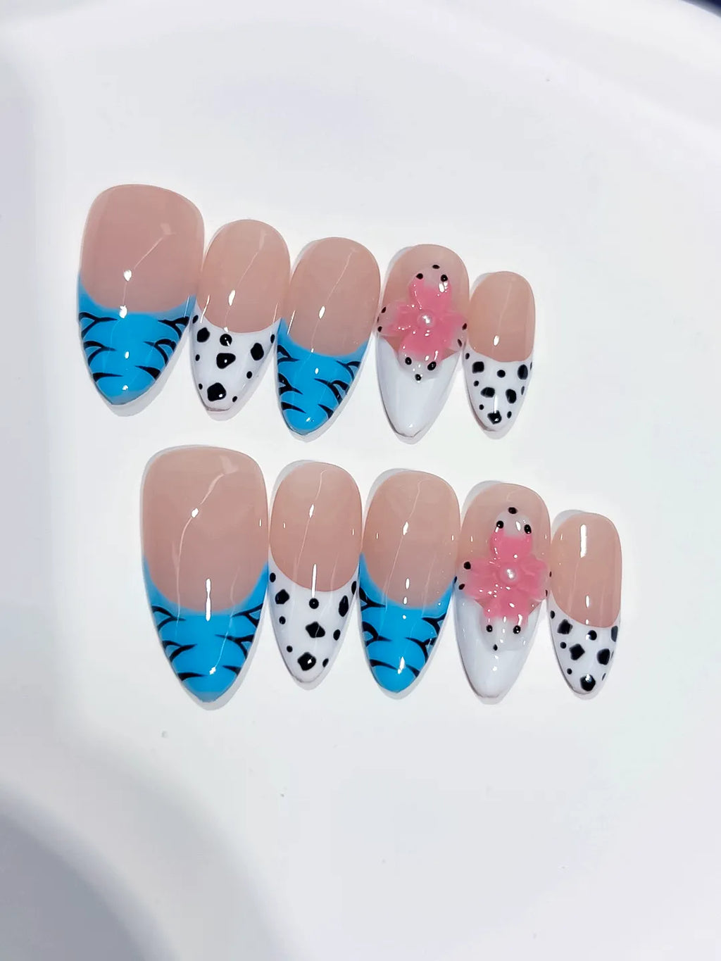 Medium Nude Blue Almond French tip Flower Dot Pattern