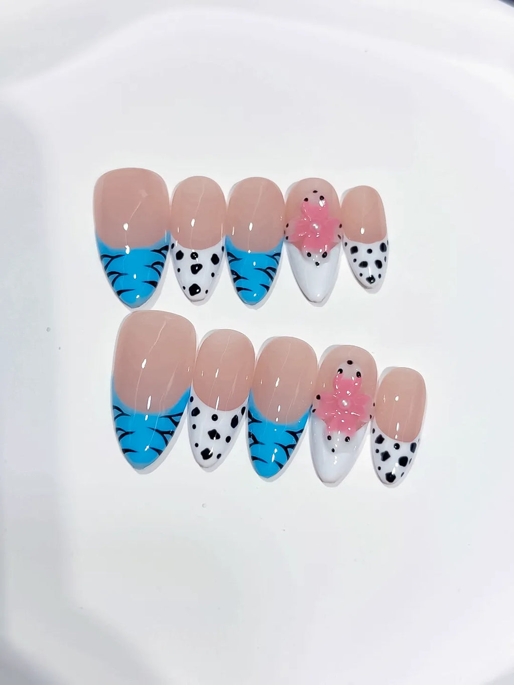 Medium Nude Blue Almond French tip Flower Dot Pattern