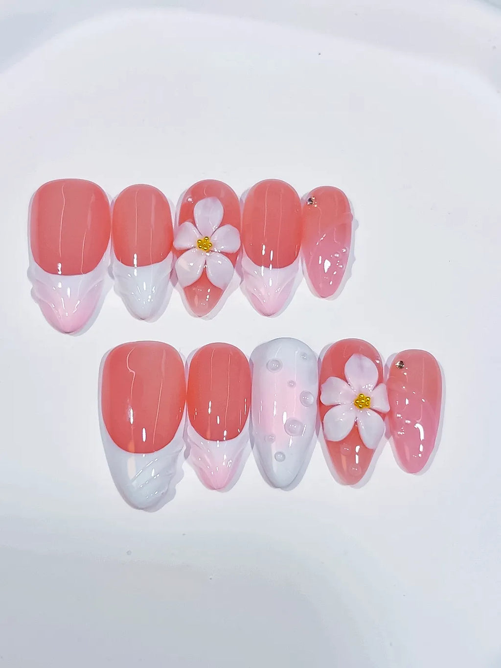 Medium Pink White Almond French tip Flower Shell