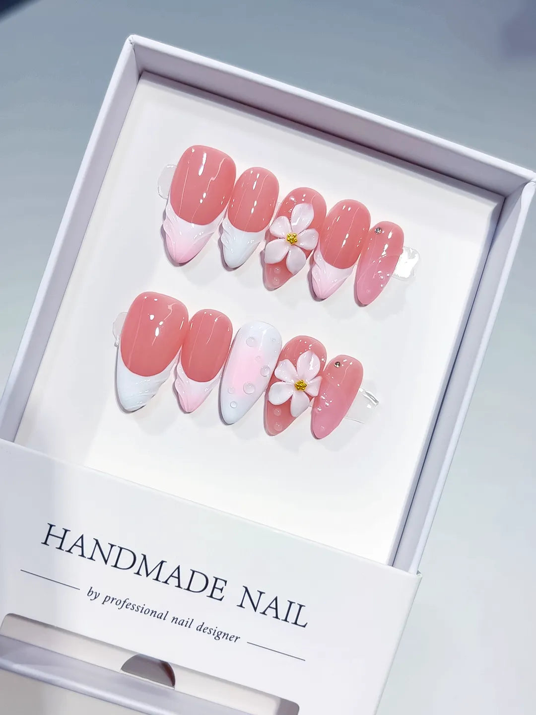 Medium Pink White Almond French tip Flower Shell