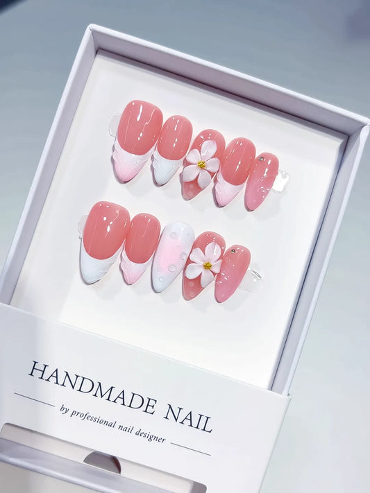 Medium Pink White Almond French tip Flower Shell