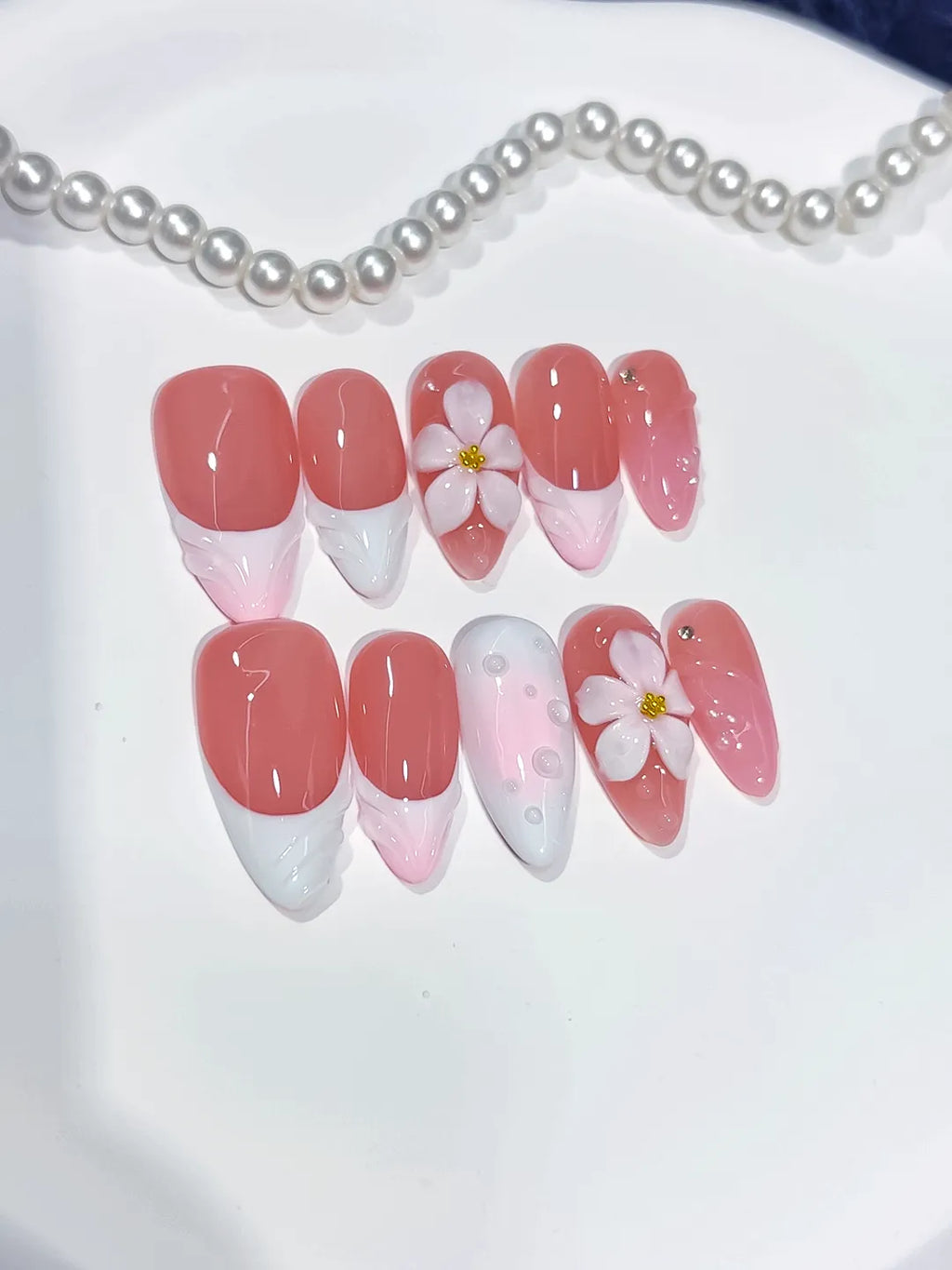Medium Pink White Almond French tip Flower Shell