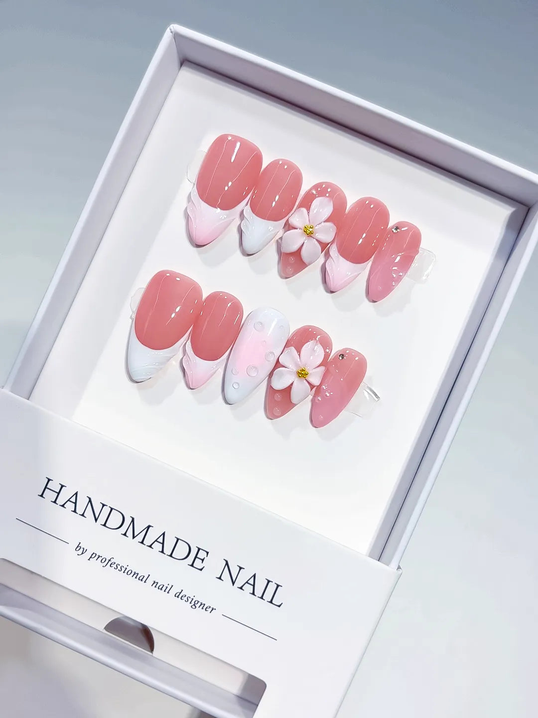 Medium Pink White Almond French tip Flower Shell