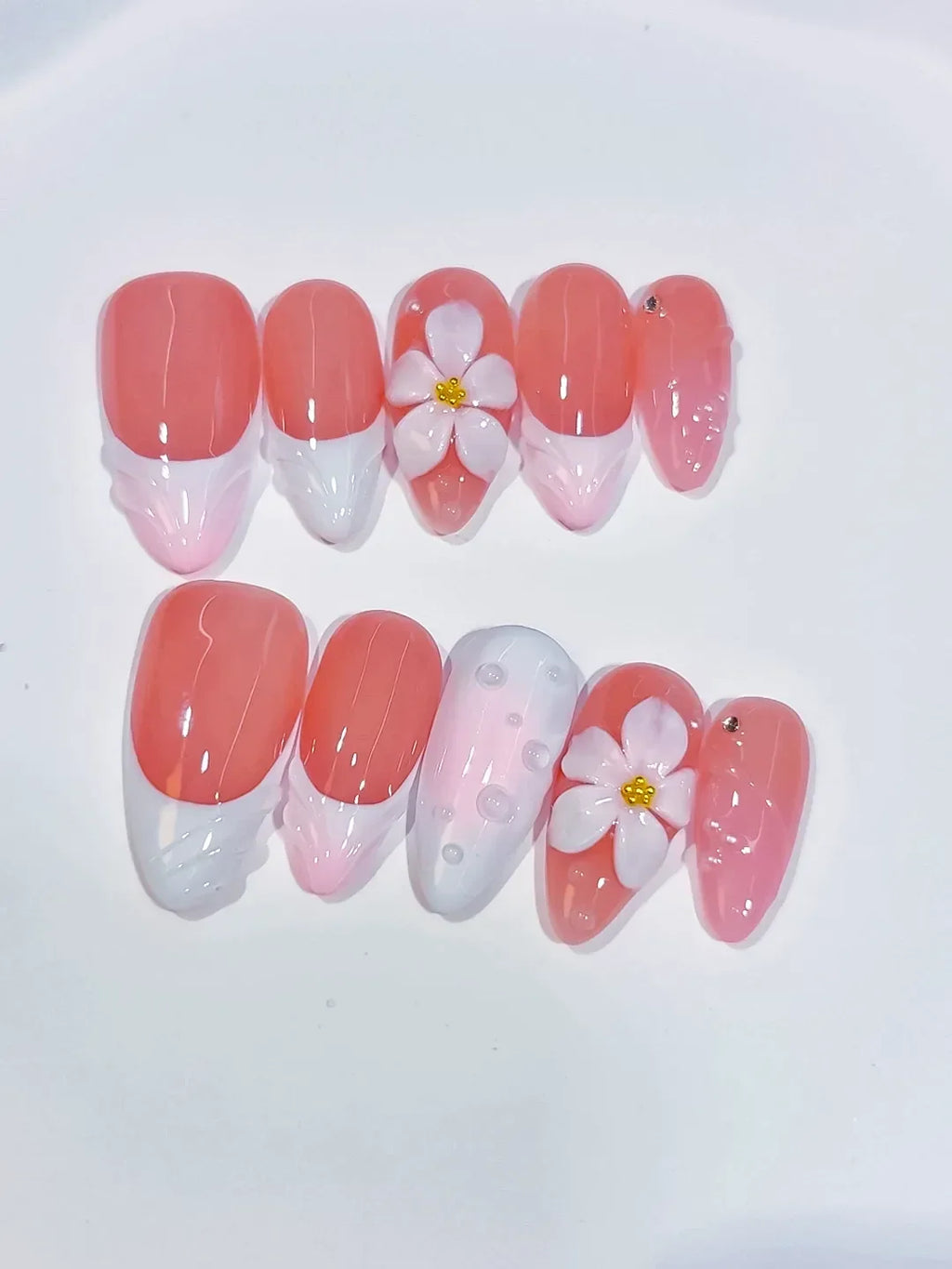 Medium Pink White Almond French tip Flower Shell