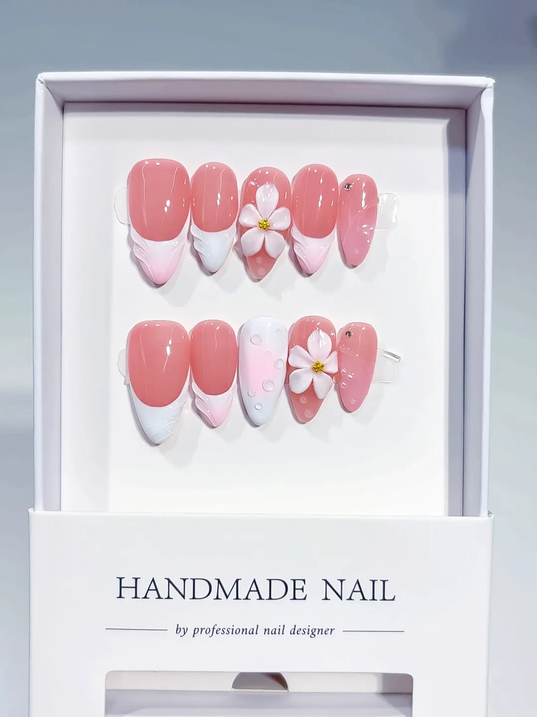 Medium Pink White Almond French tip Flower Shell
