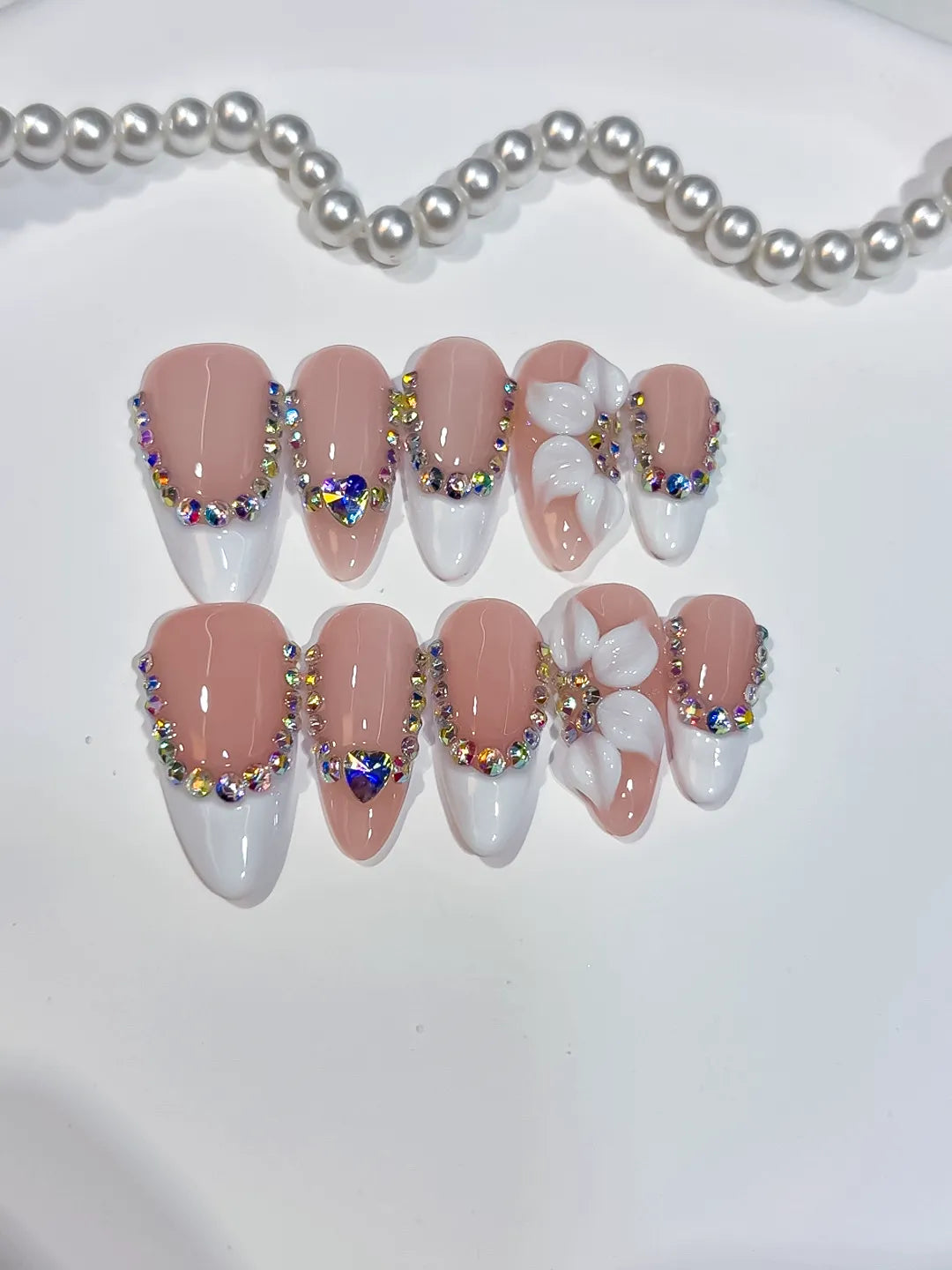 Medium Nude White Almond French tip Flower Rhinestone