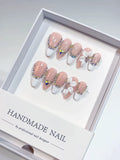 Medium Nude White Almond French tip Flower Rhinestone