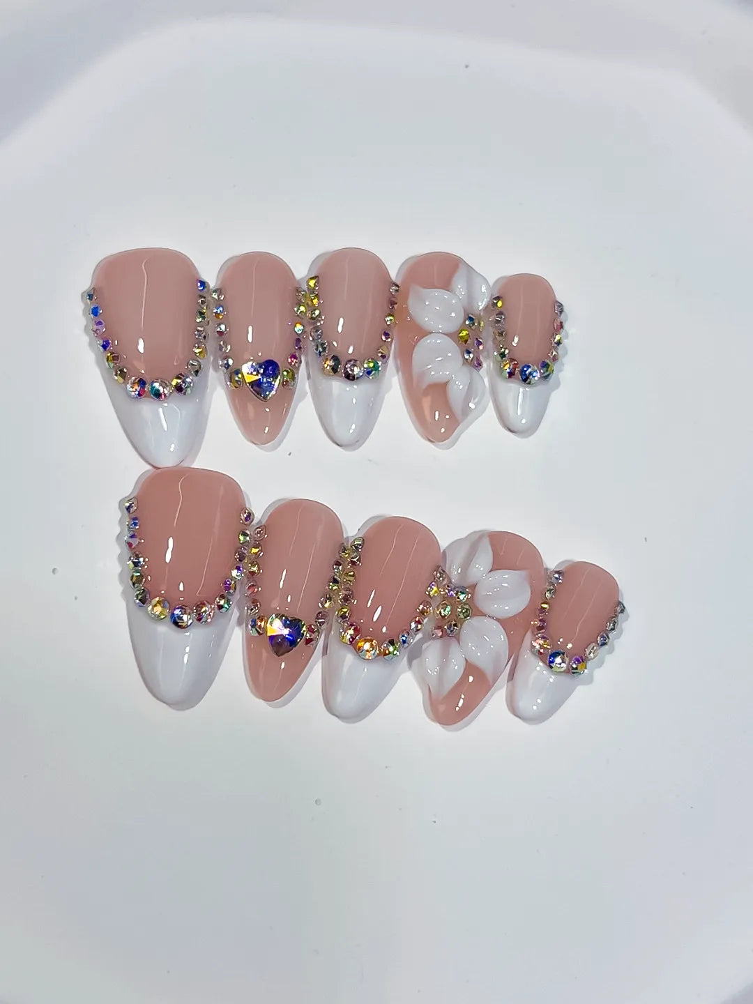 Medium Nude White Almond French tip Flower Rhinestone