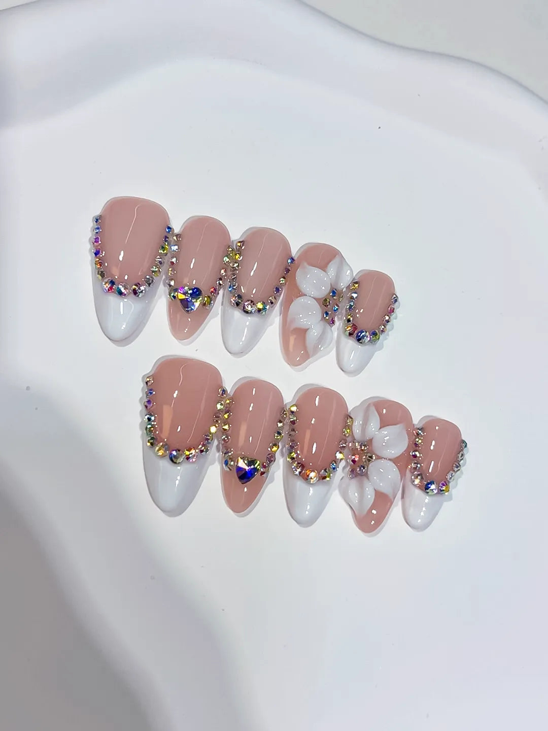 Medium Nude White Almond French tip Flower Rhinestone