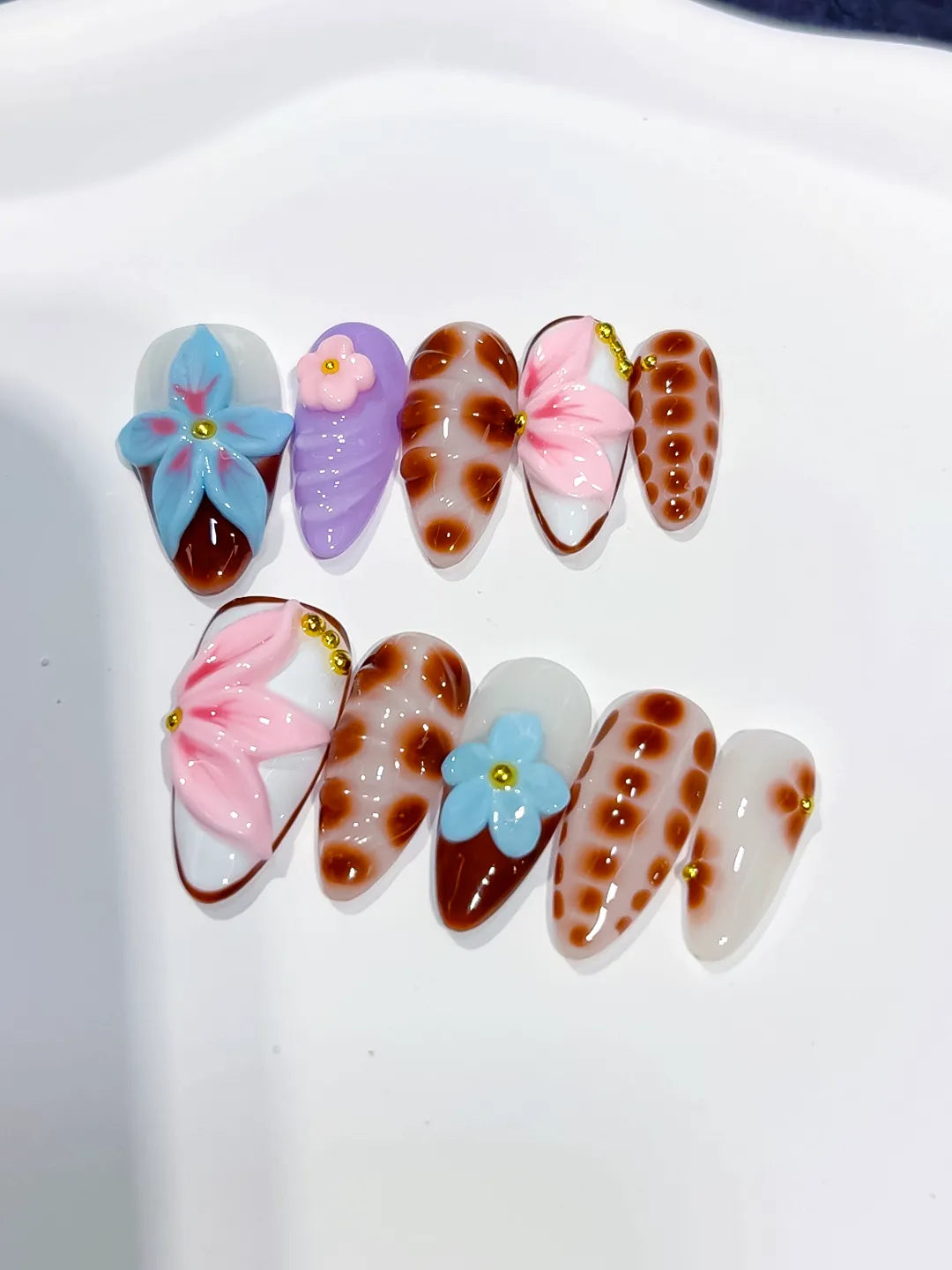 Medium White Brown Almond Abstract Flower Dot Pattern