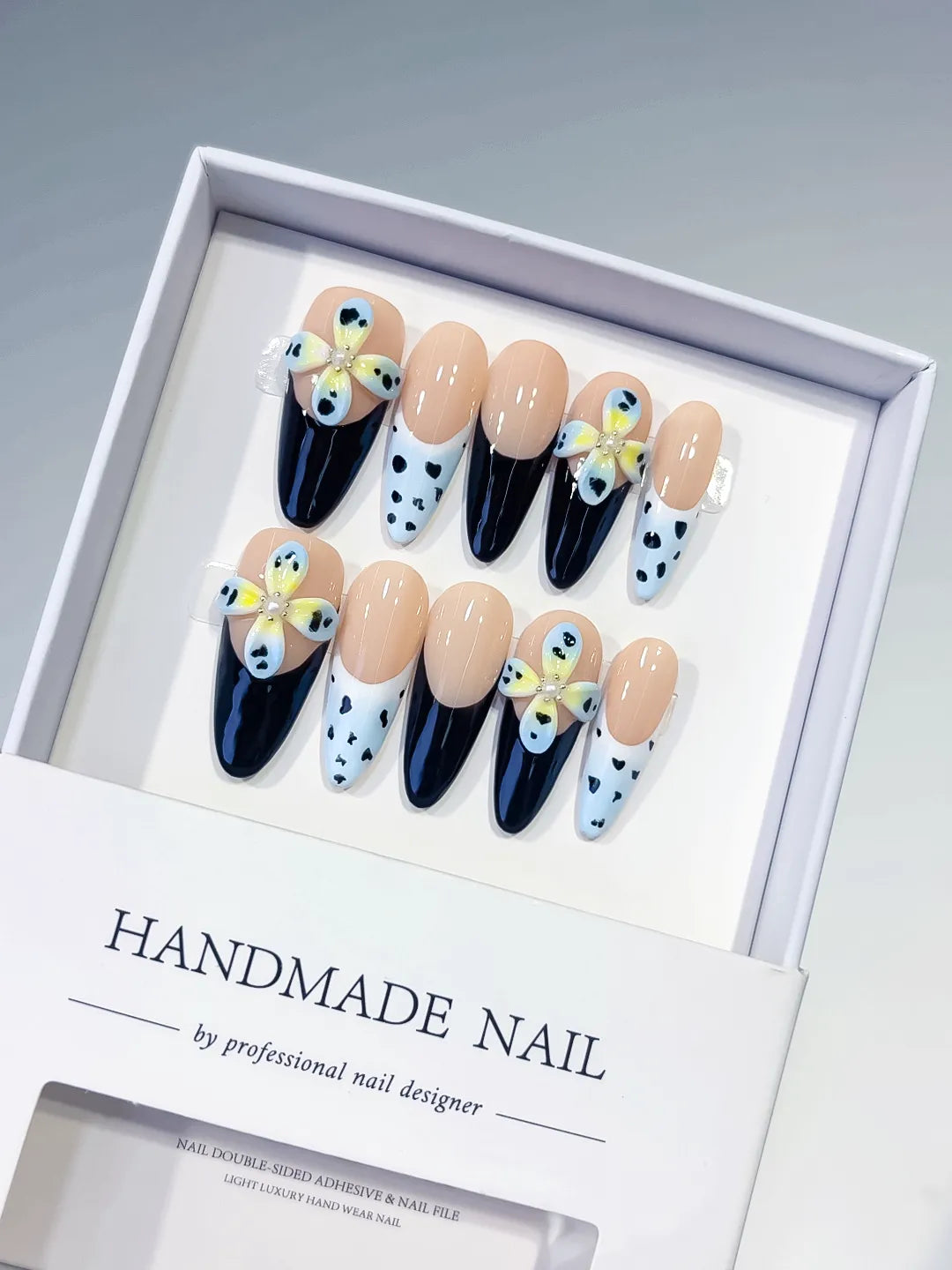 Medium Nude Black Almond French tip Flower Heart