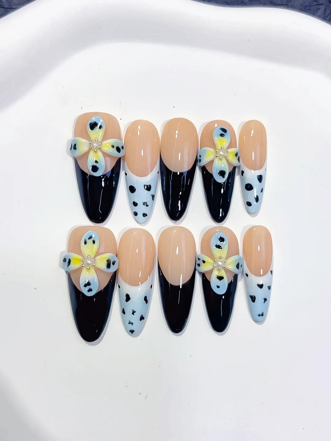 Medium Nude Black Almond French tip Flower Heart