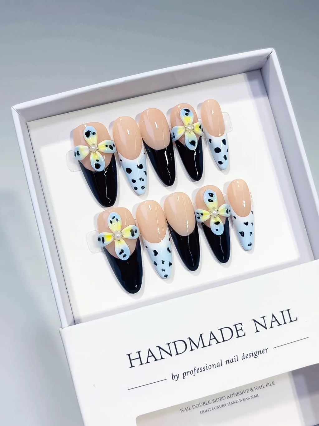Medium Nude Black Almond French tip Flower Heart