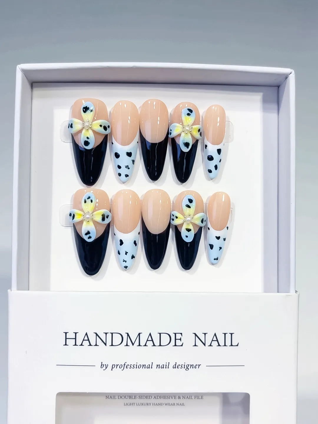 Medium Nude Black Almond French tip Flower Heart
