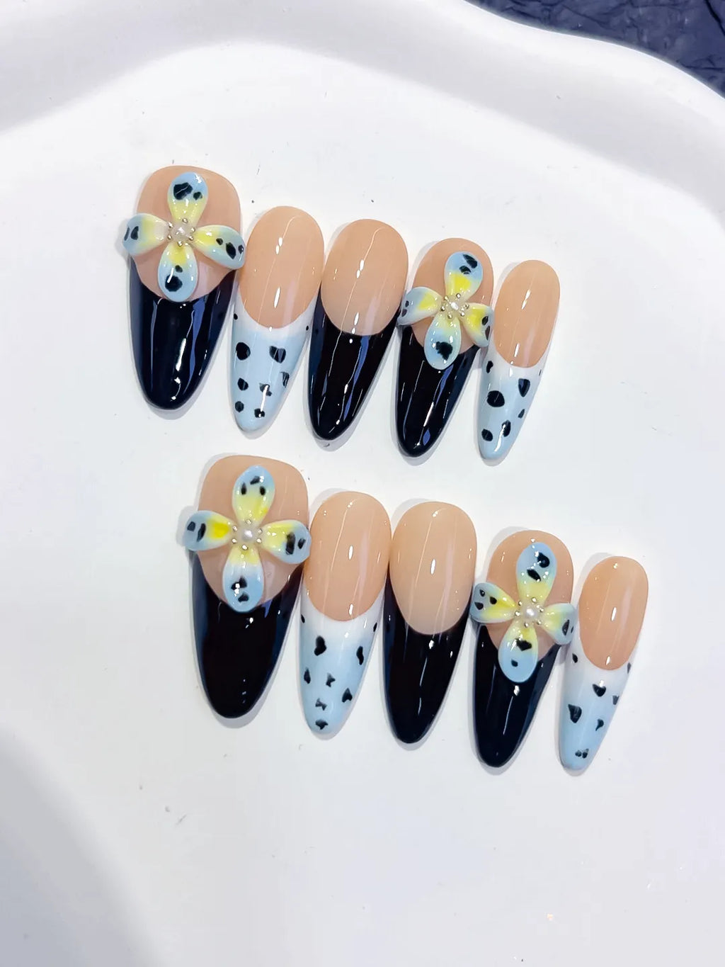 Medium Nude Black Almond French tip Flower Heart