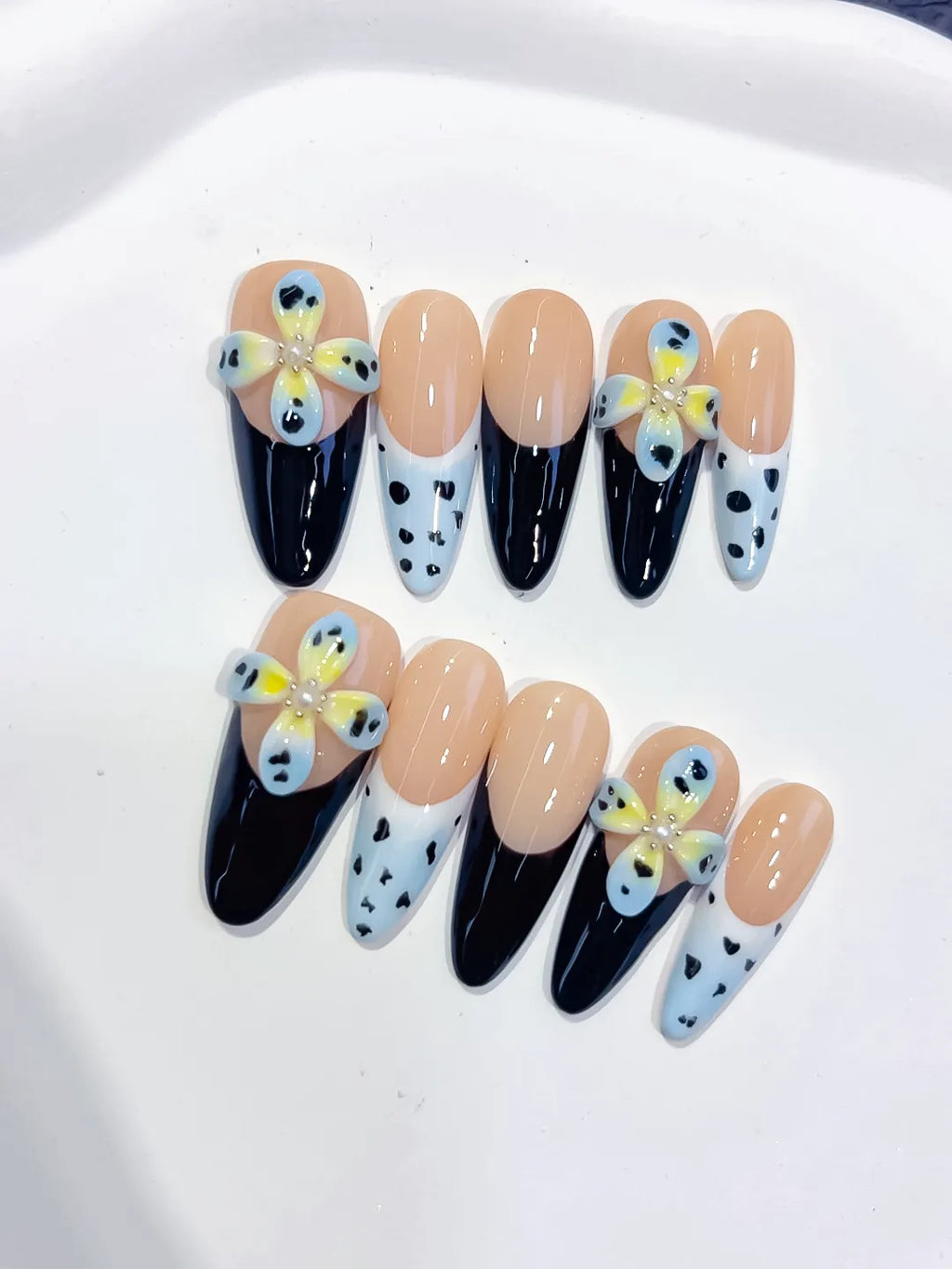 Medium Nude Black Almond French tip Flower Heart