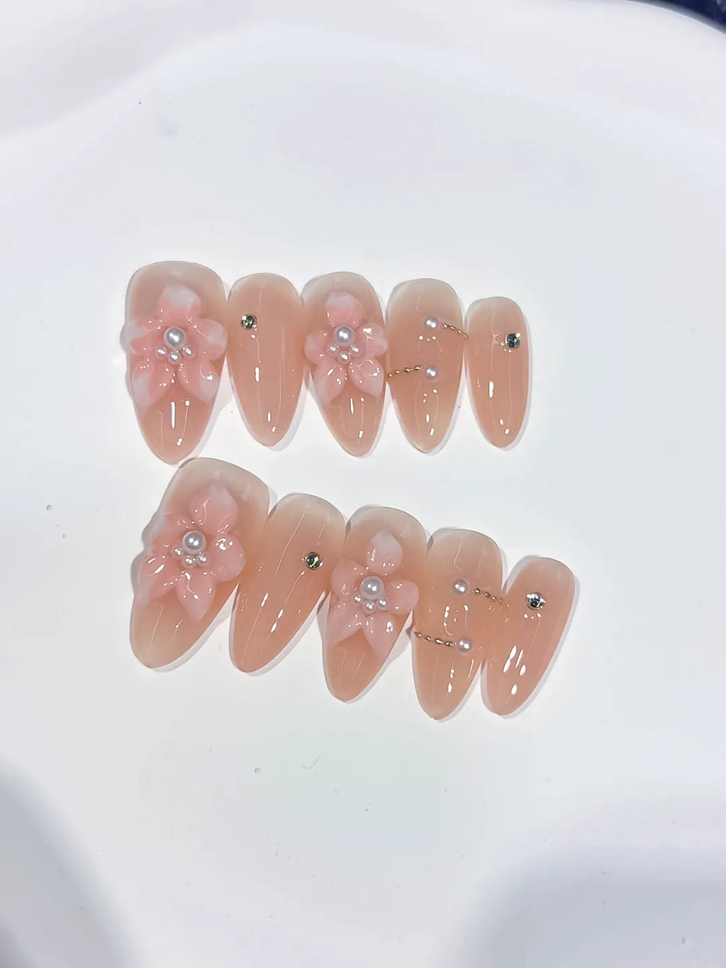 Medium Nude Pink Almond Solid color Flower Pearl