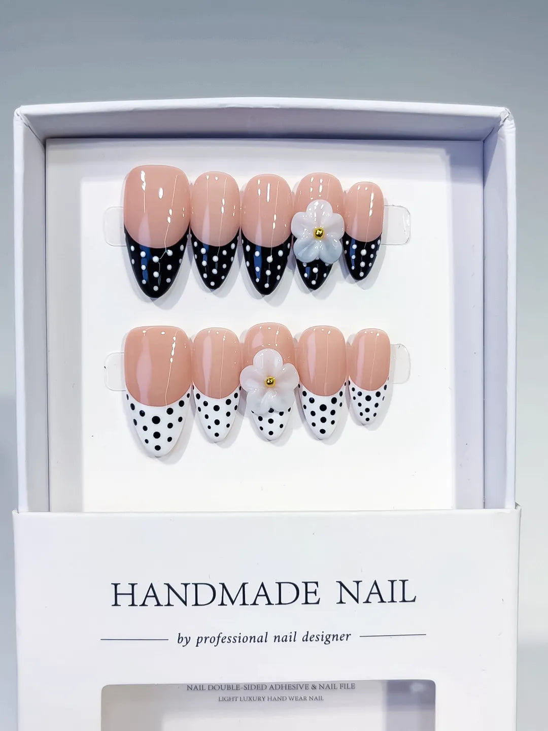 Medium Nude Black Almond French tip Flower Dot Pattern