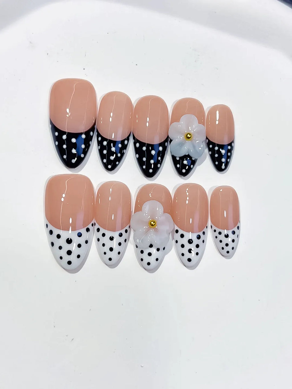 Medium Nude Black Almond French tip Flower Dot Pattern