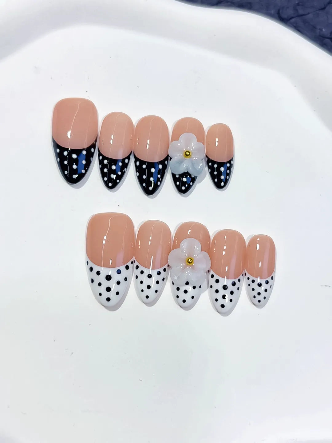 Medium Nude Black Almond French tip Flower Dot Pattern