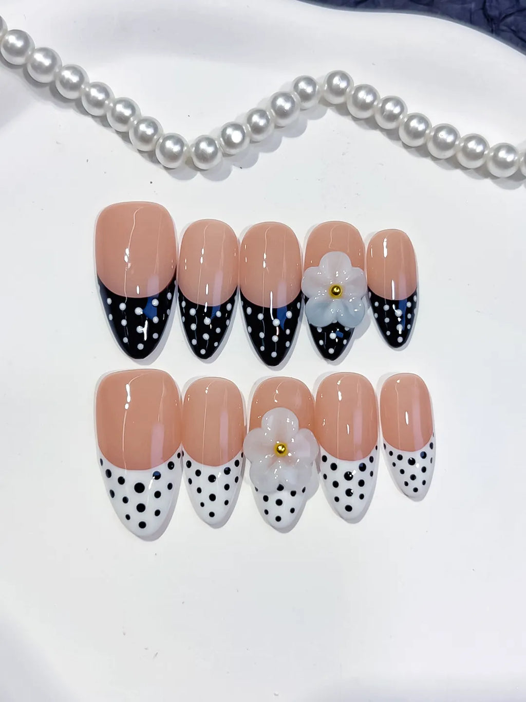 Medium Nude Black Almond French tip Flower Dot Pattern