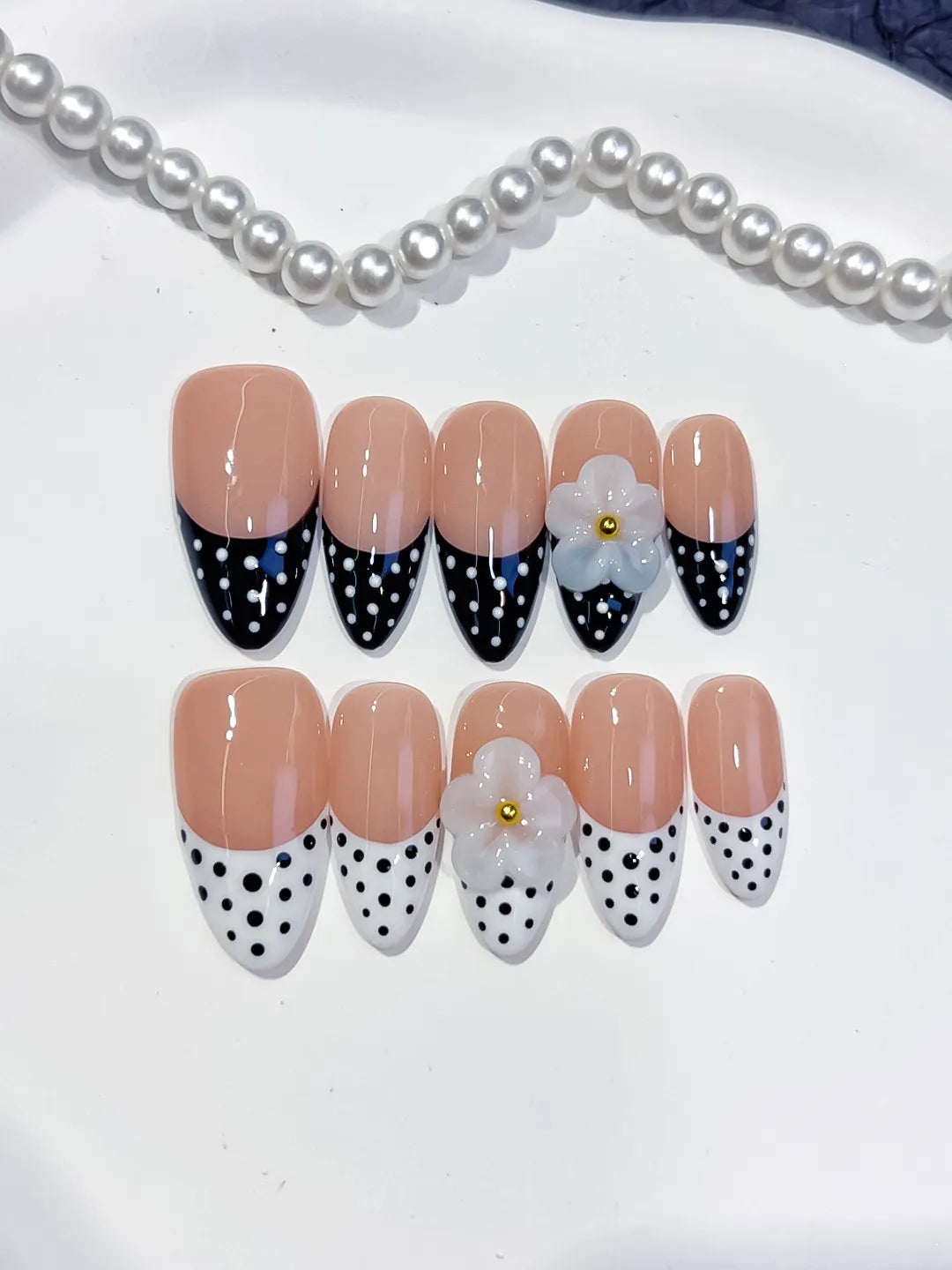 Medium Nude Black Almond French tip Flower Dot Pattern