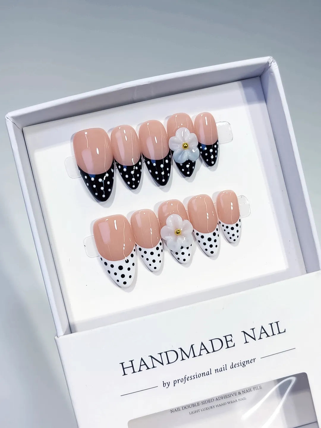 Medium Nude Black Almond French tip Flower Dot Pattern
