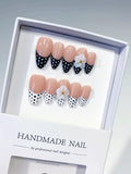 Medium Nude Black Almond French tip Flower Dot Pattern