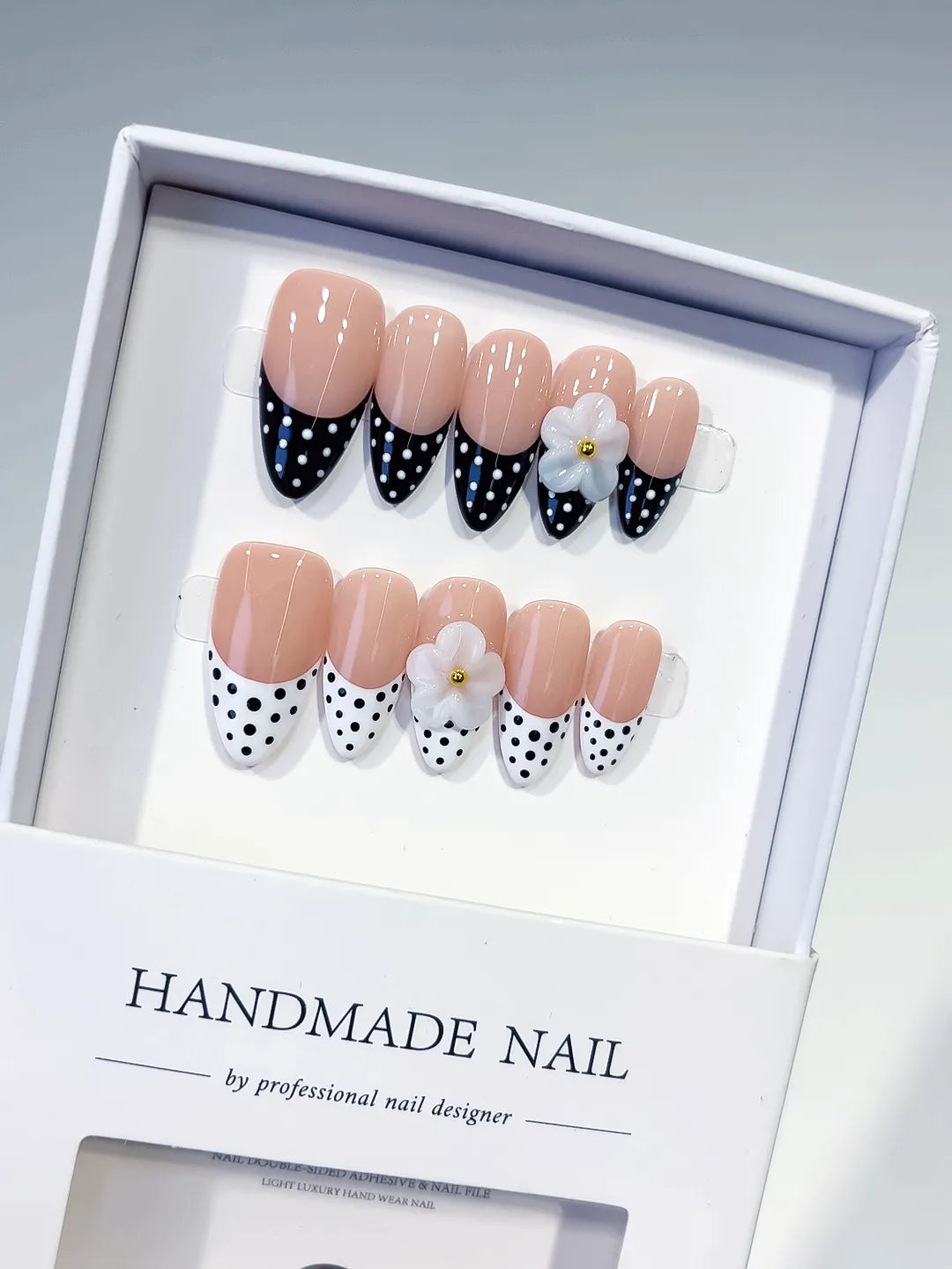 Medium Nude Black Almond French tip Flower Dot Pattern