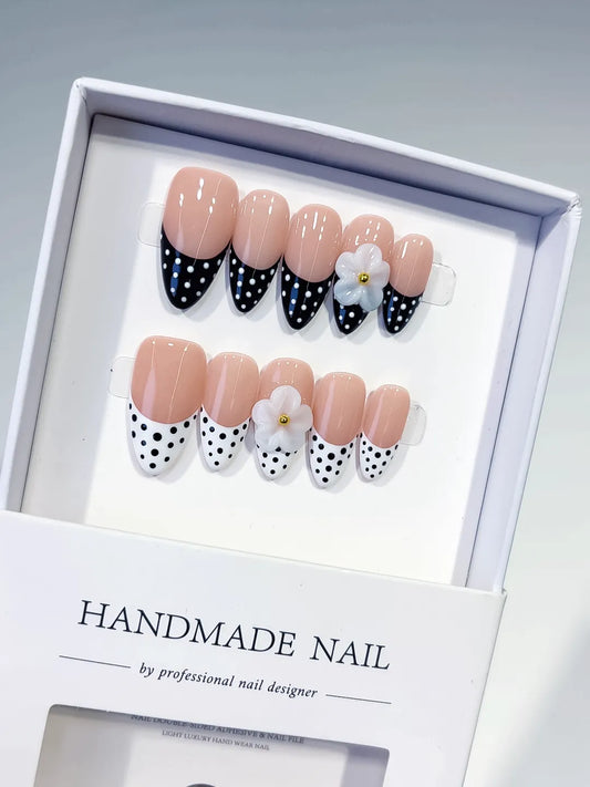 Medium Nude Black Almond French tip Flower Dot Pattern