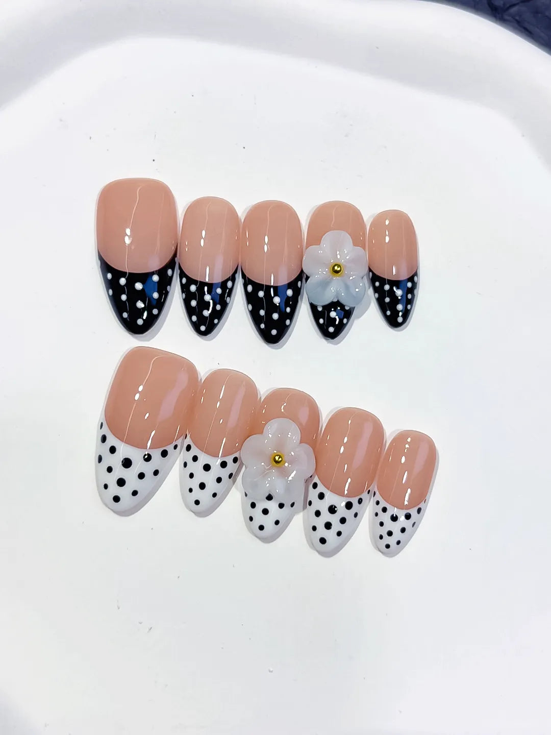 Medium Nude Black Almond French tip Flower Dot Pattern