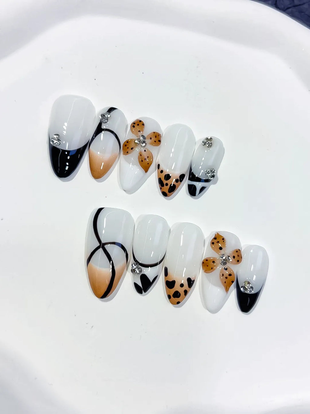 Medium White Black Almond French tip Flower Animal Print