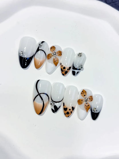 Medium White Black Almond French tip Flower Animal Print