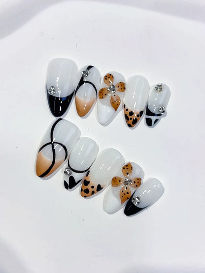 Medium White Black Almond French tip Flower Animal Print