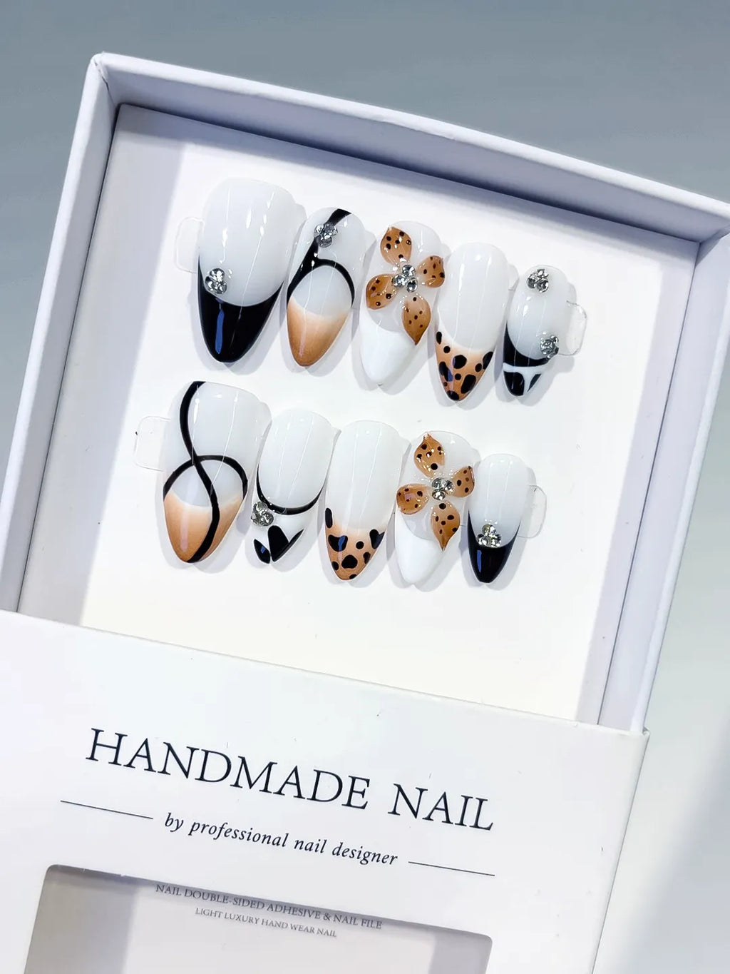 Medium White Black Almond French tip Flower Animal Print