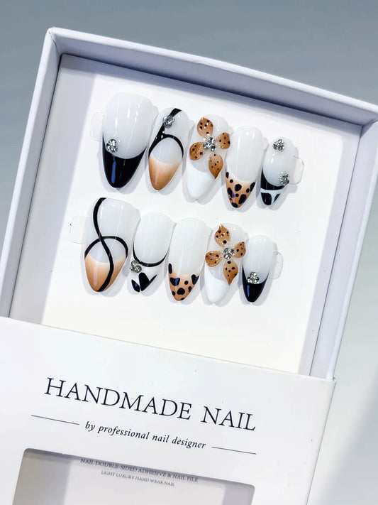 Medium White Black Almond French tip Flower Animal Print