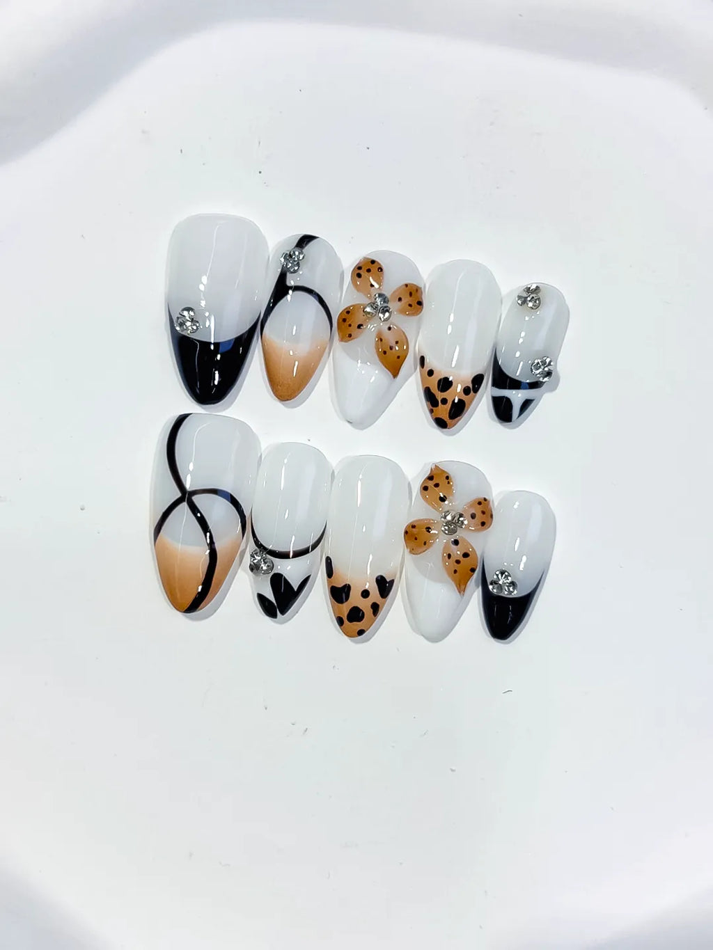 Medium White Black Almond French tip Flower Animal Print