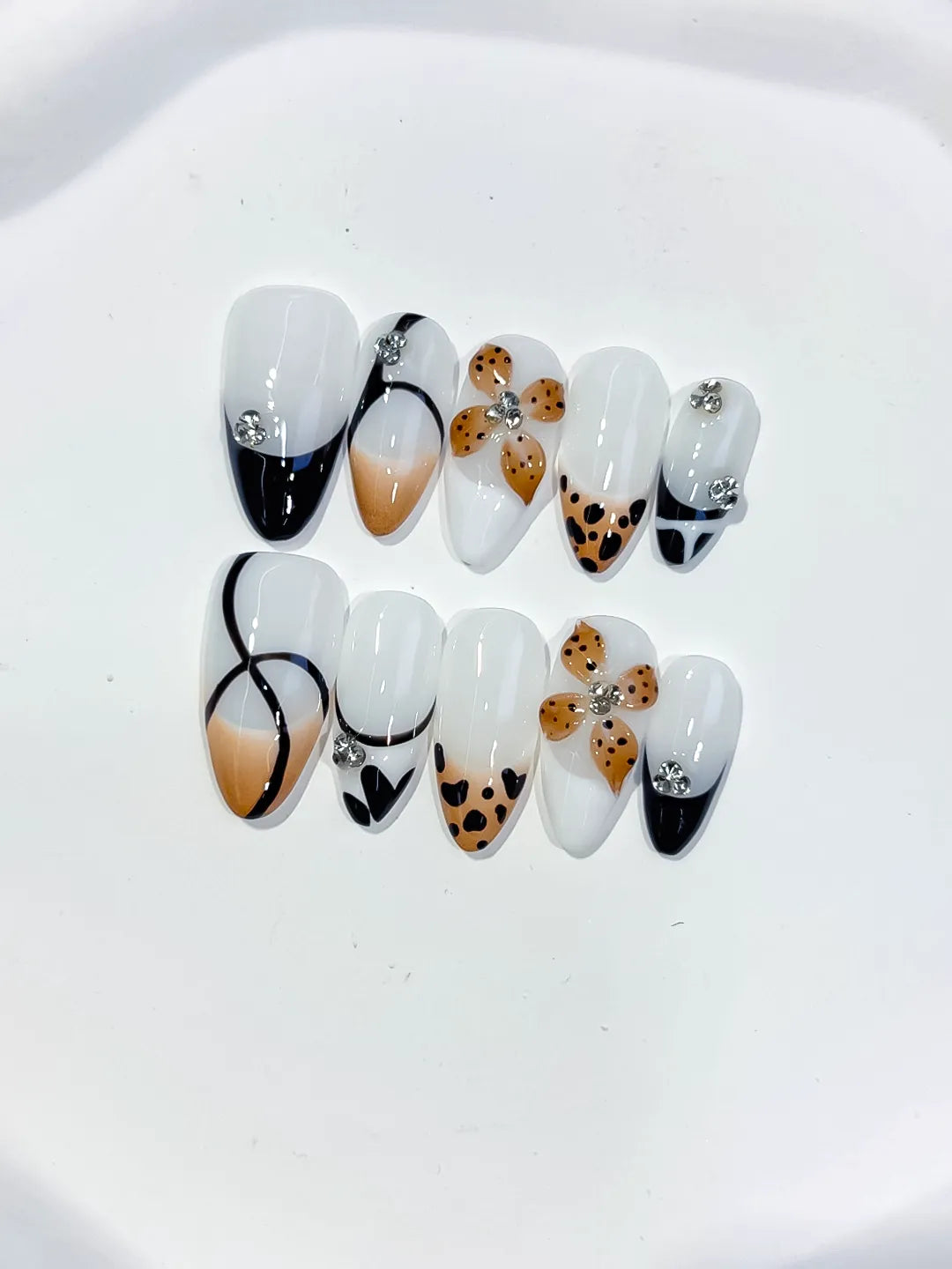 Medium White Black Almond French tip Flower Animal Print
