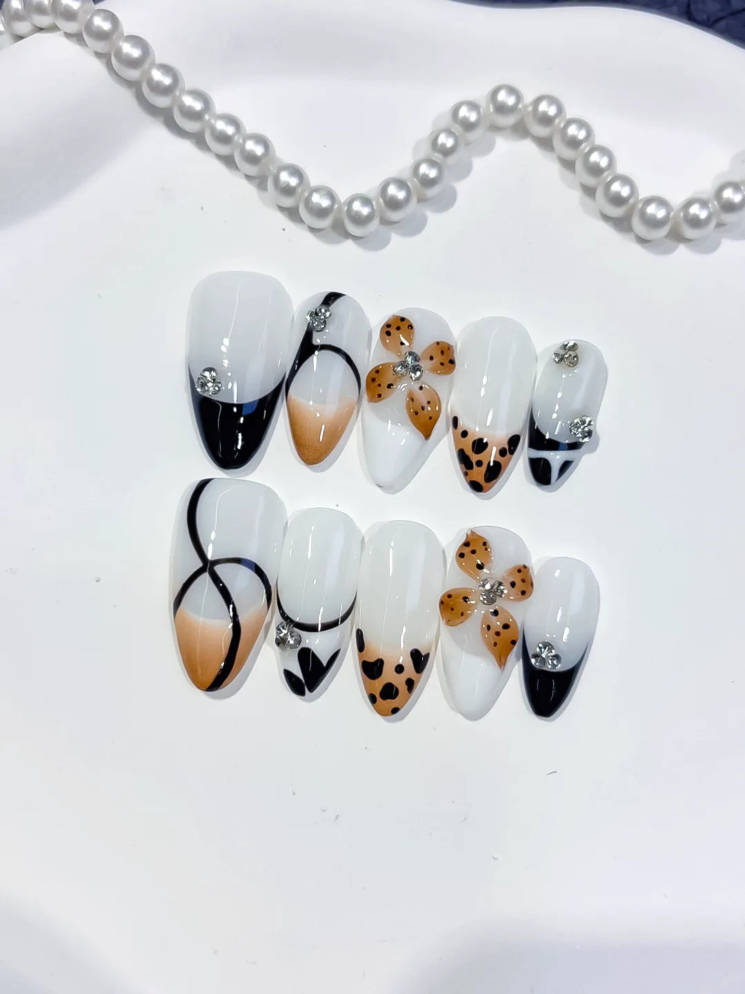 Medium White Black Almond French tip Flower Animal Print