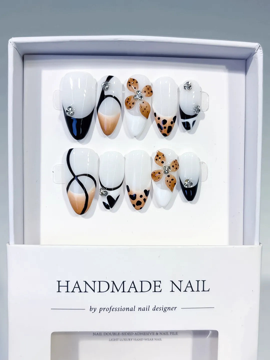 Medium White Black Almond French tip Flower Animal Print