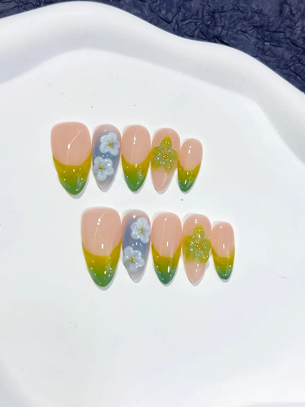 Medium Nude Green Almond French tip Flower Butterfly