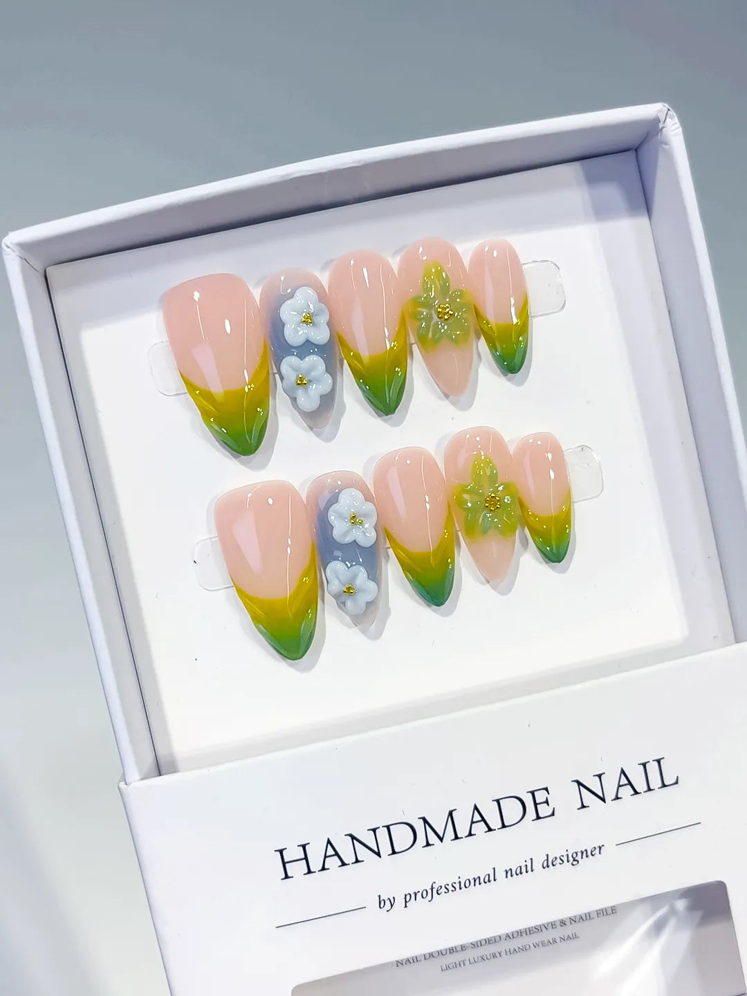 Medium Nude Green Almond French tip Flower Butterfly
