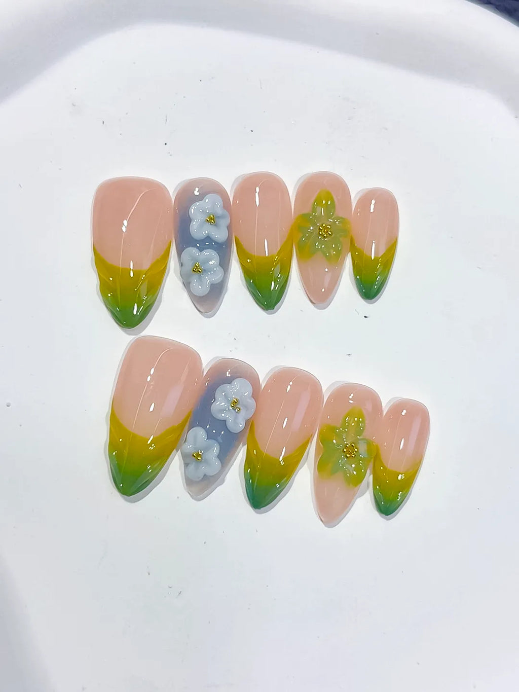 Medium Nude Green Almond French tip Flower Butterfly